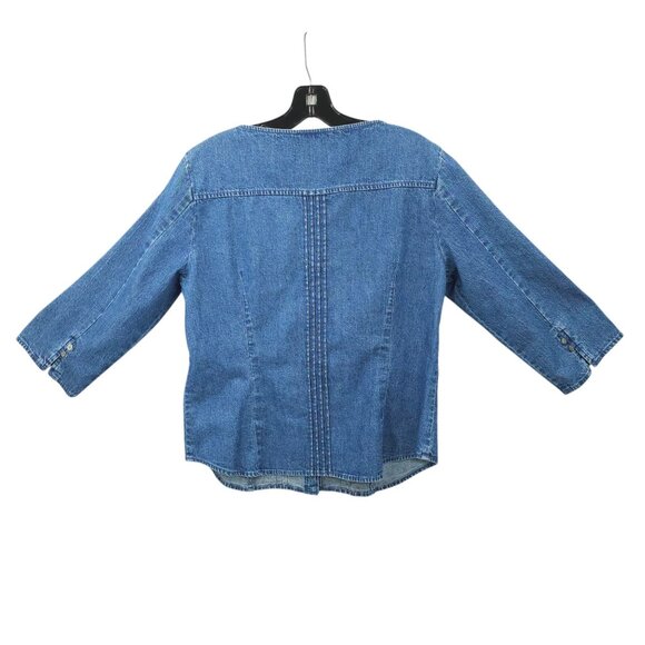 Harolds Denim Top Womens Size 12 Pleated Front Back Detail Round Neck 3/4 Sleeve - Picture 3 of 16